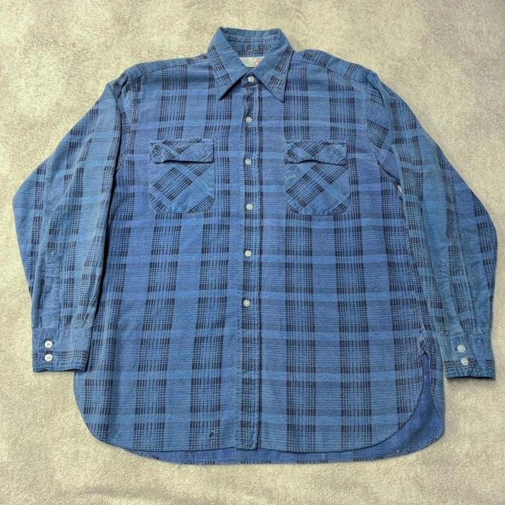 RARE True Vintage 60s 70s Champion Flannel Shirt Plaid Thick Blue Mens 15.5 M